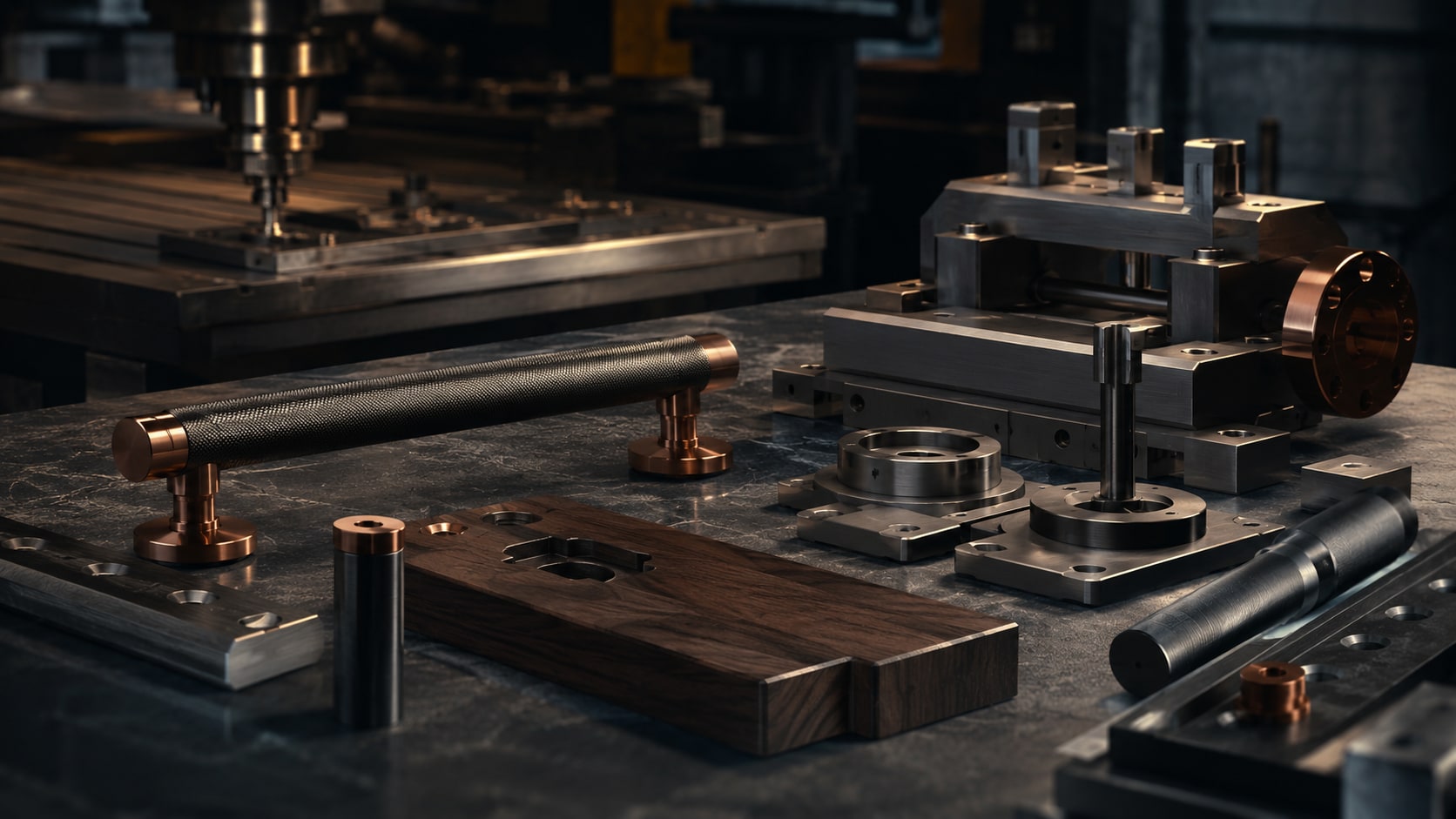 Precision-manufactured metal and wood components displayed in a specialist workshop.
