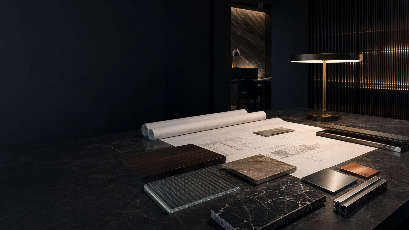 Architectural project drawings and material samples arranged on a dark stone review table.