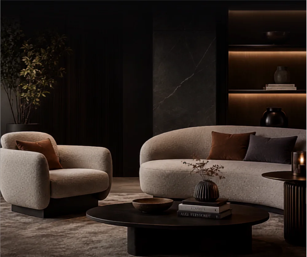 Curved lounge seating in a controlled hospitality interior