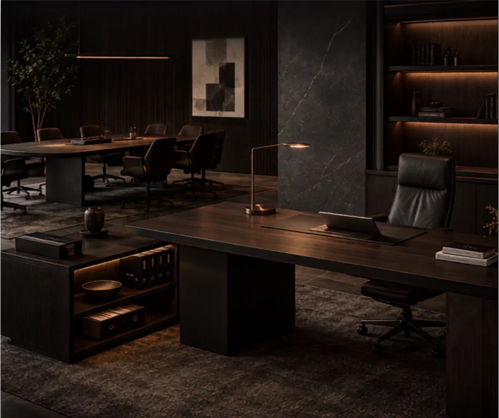Executive desk and meeting furniture in a dark workplace interior