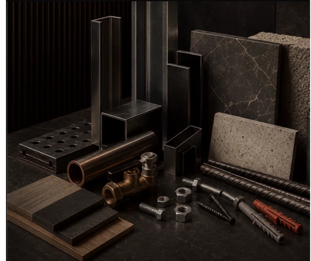 Construction profiles, hardware, fixings and material samples