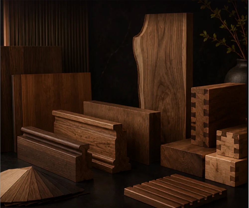 Timber boards, profiles, veneer and crafted joinery samples