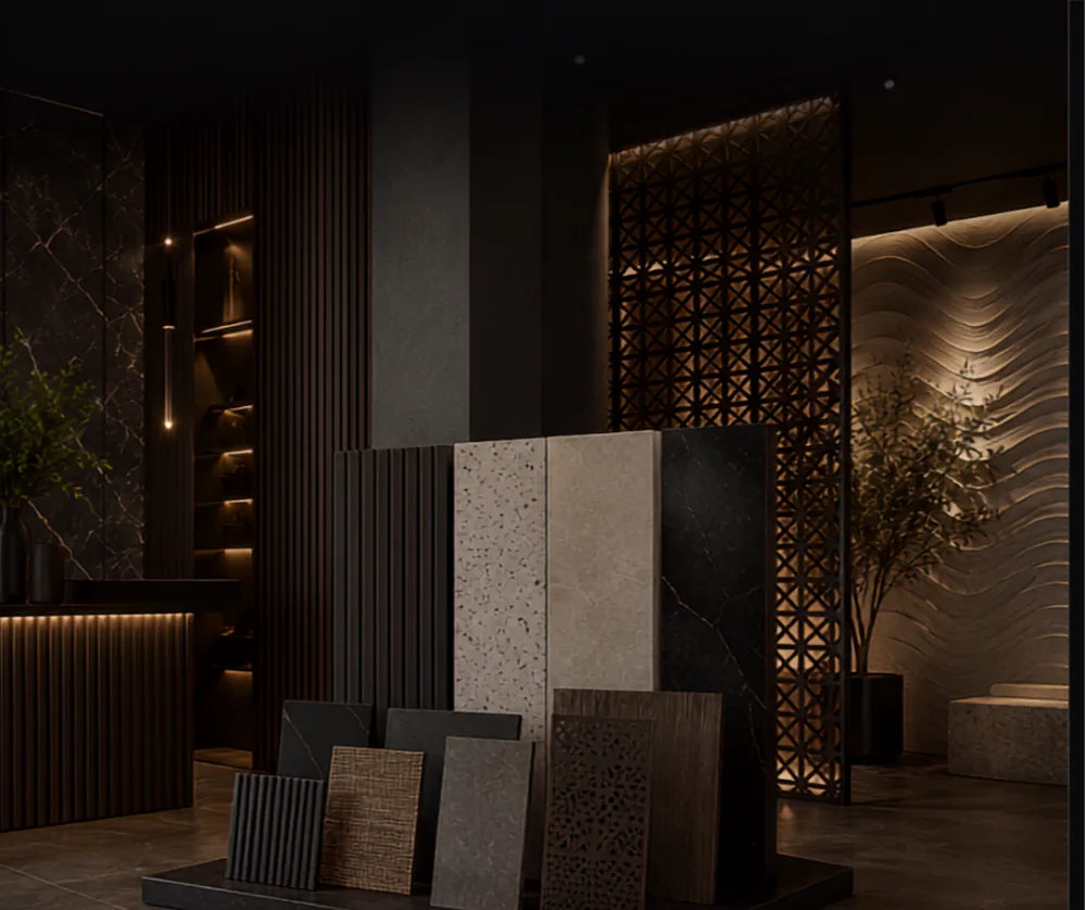 Decorative wall panels, surfaces and partition material samples
