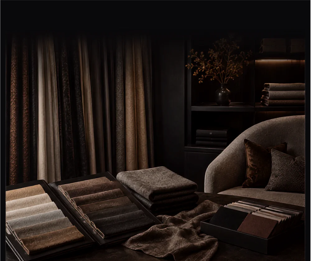 Curtain and upholstery fabric sample books in a dark interior