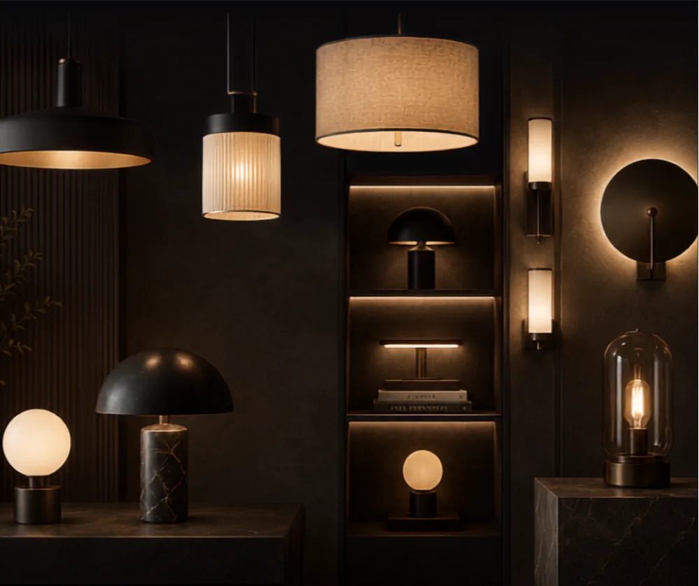 Architectural and decorative light fittings arranged in a dark interior